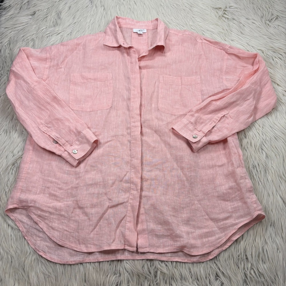 J. Jill Women's SP S Petite Oversized‎ Pink Button Front 100% Linen Tunic Shirt